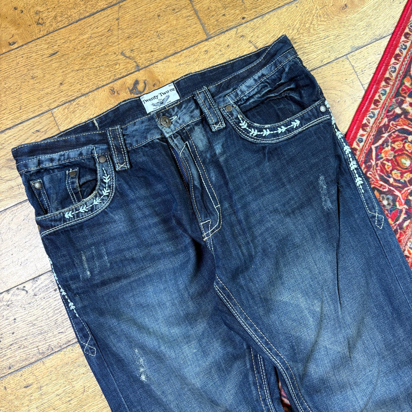 Vintage Blue Embroidered Y2K Hip Hop Straight Jeans - 40