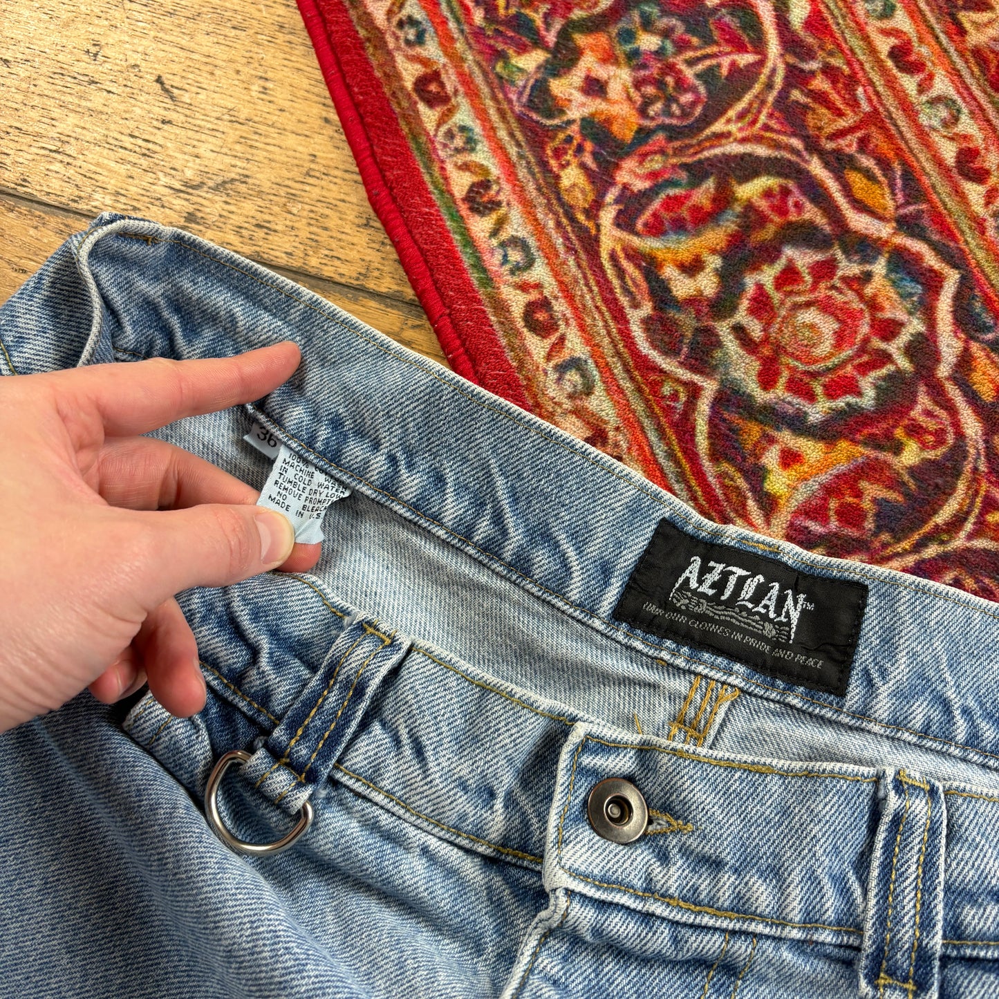 Vintage Aztlan Blue Carpenter Embroidered JNCO Style Y2K Baggy Jeans - 36