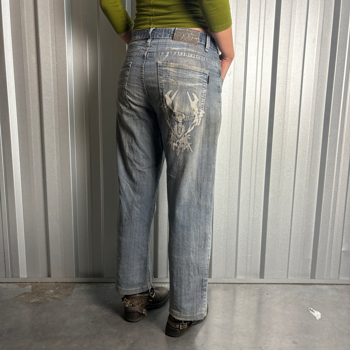 Embroidered Blue Japanese Denim Hip Hop Y2K Baggy Jeans - 32S