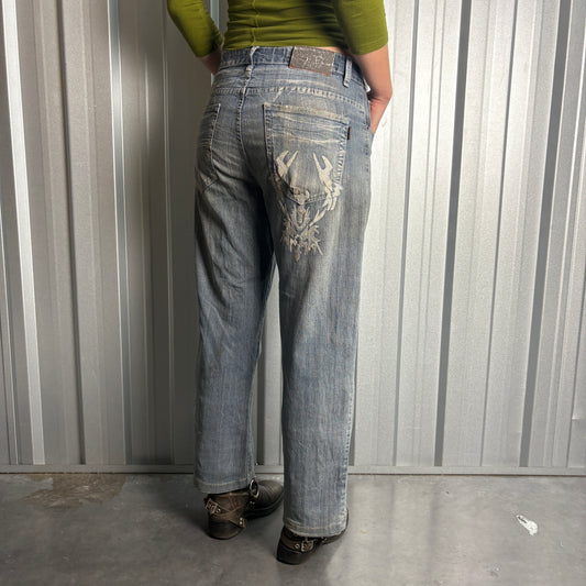 Embroidered Blue Japanese Denim Hip Hop Y2K Baggy Jeans - 32S