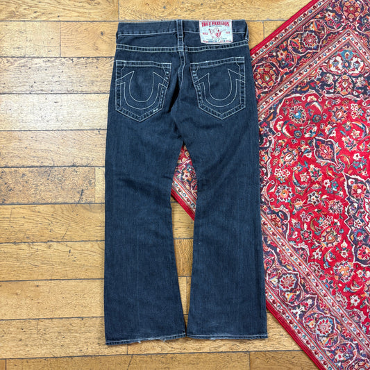 Vintage True Religion Black Embroidered Y2K Hip Hop Flared Bootcut Jeans - 34