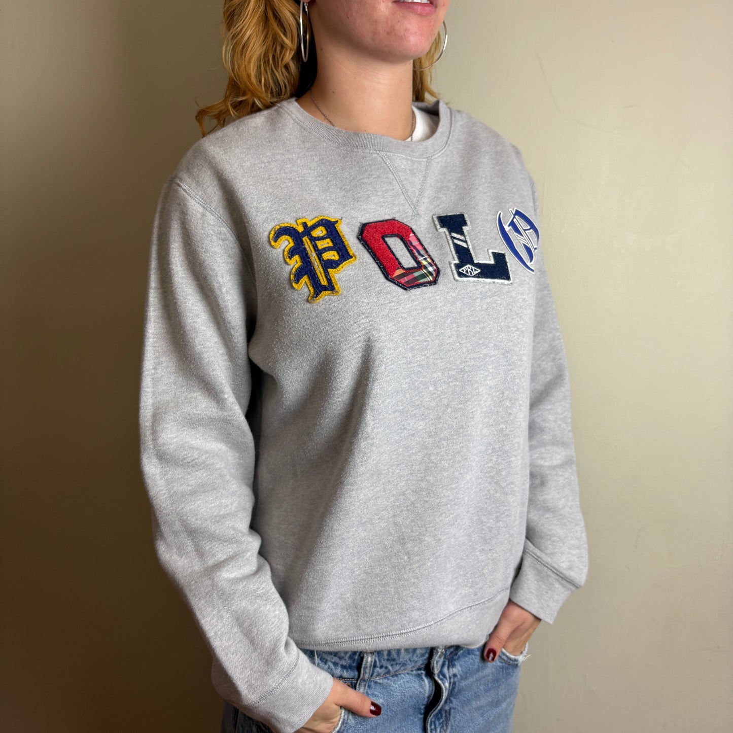 Vintage Ralph Lauren Spellout Polo Grey Womens Embroidered Sweatshirt - XL