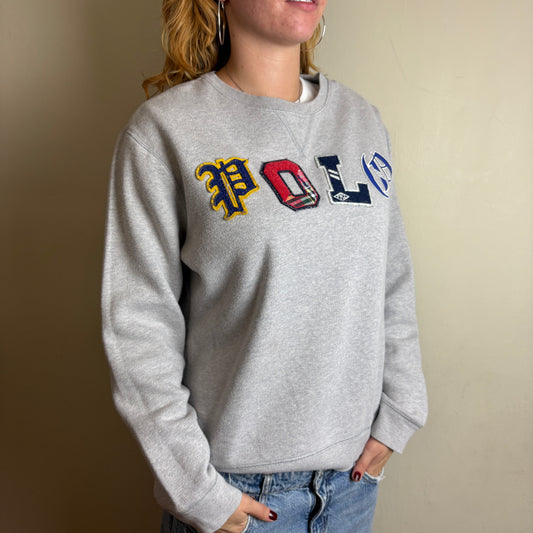 Vintage Ralph Lauren Spellout Polo Grey Womens Embroidered Sweatshirt - XL