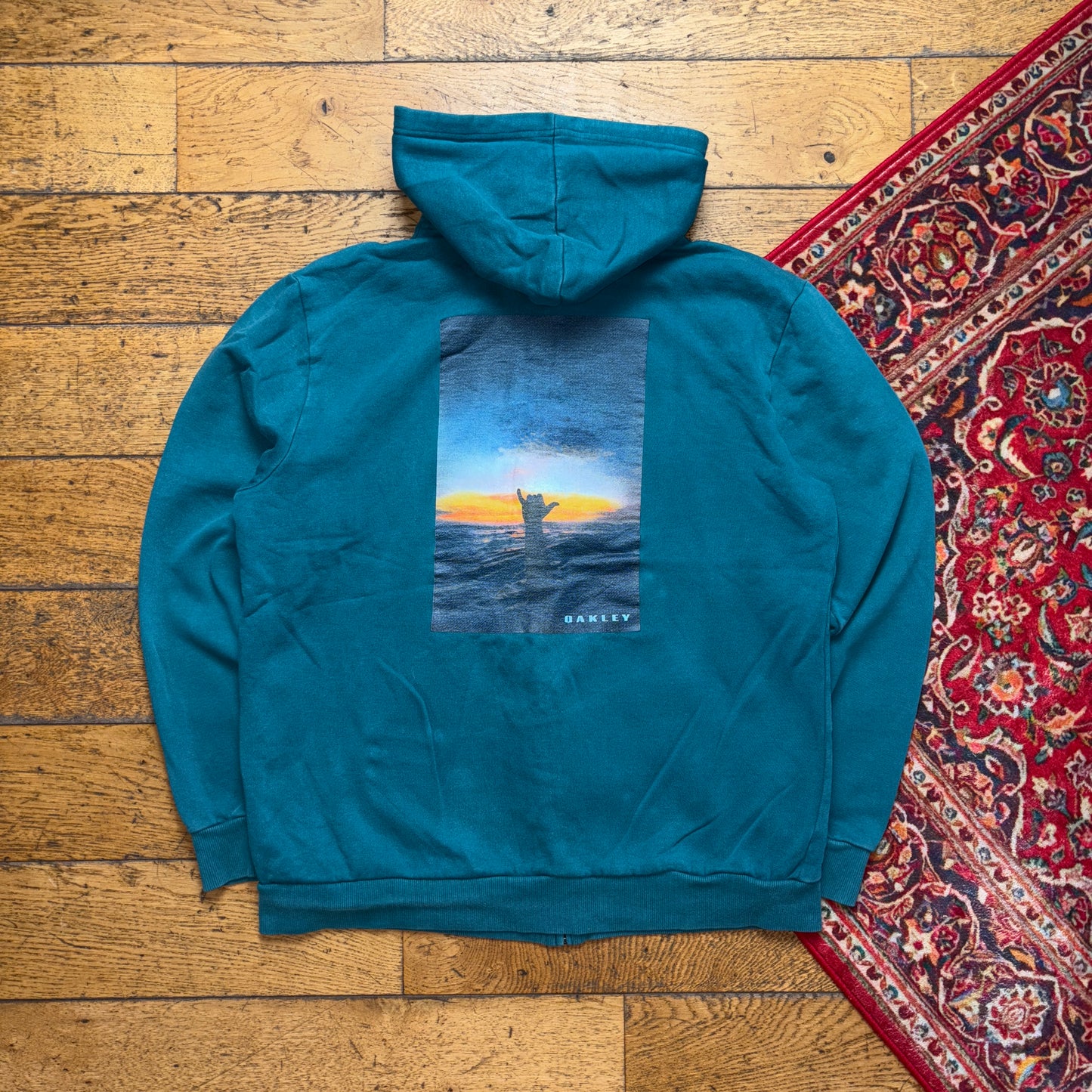 Vintage Oakley Surfwear Green Blue Zip Hoodie Sweatshirt - M
