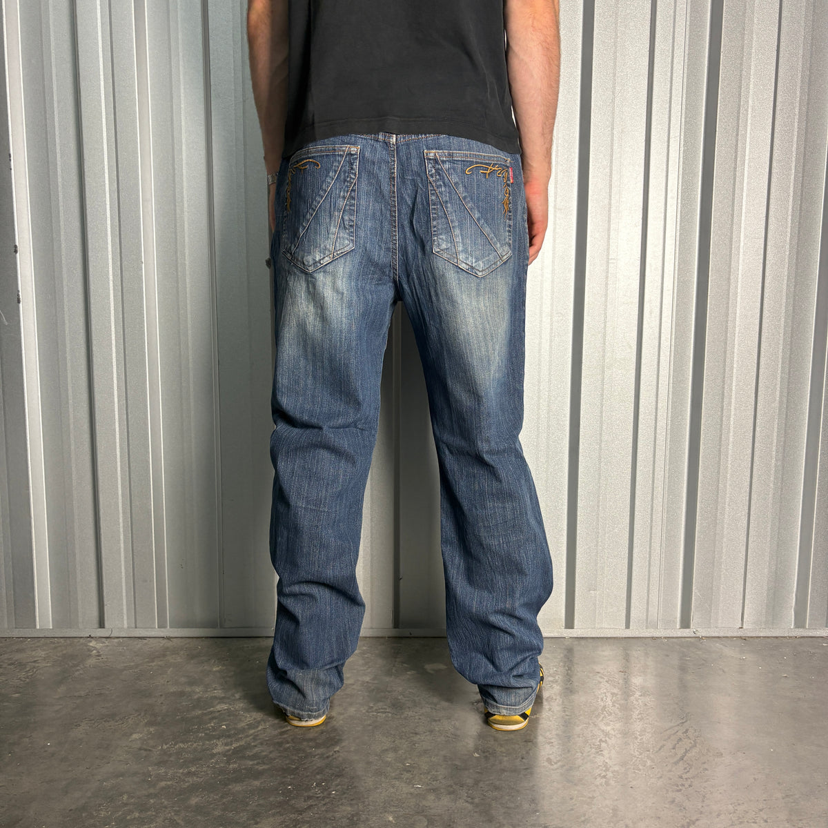 Dermson Blue Embroidered Japanese Denim Hip Hop Y2K Baggy Jeans - 36R