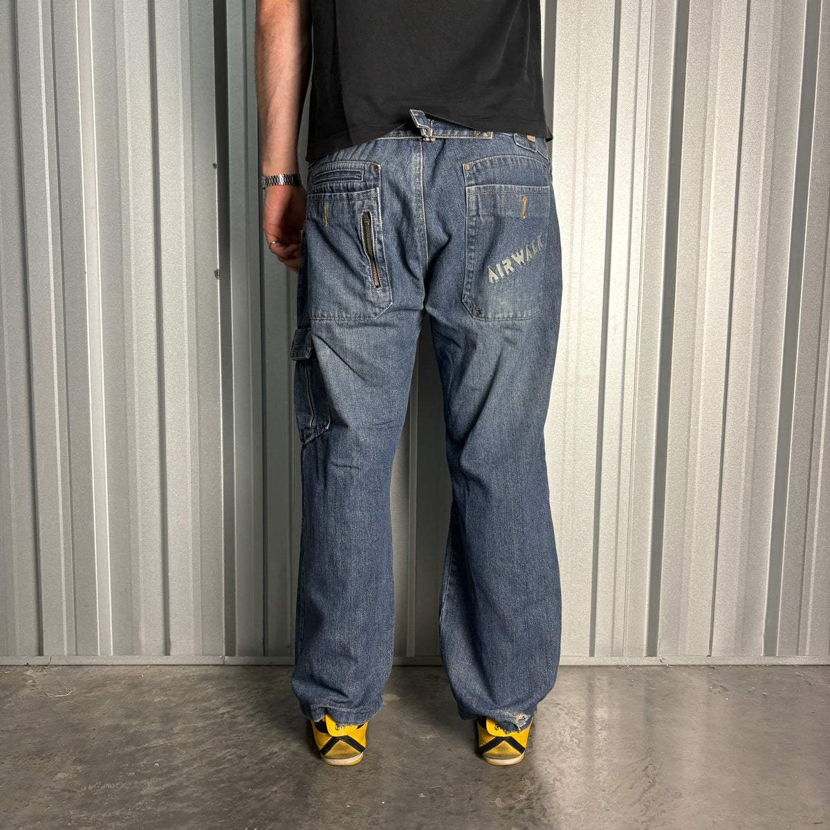 Airwalk Buckle Back Blue Cargo Embroidered Hip Hop Y2K Baggy Jeans - 36S