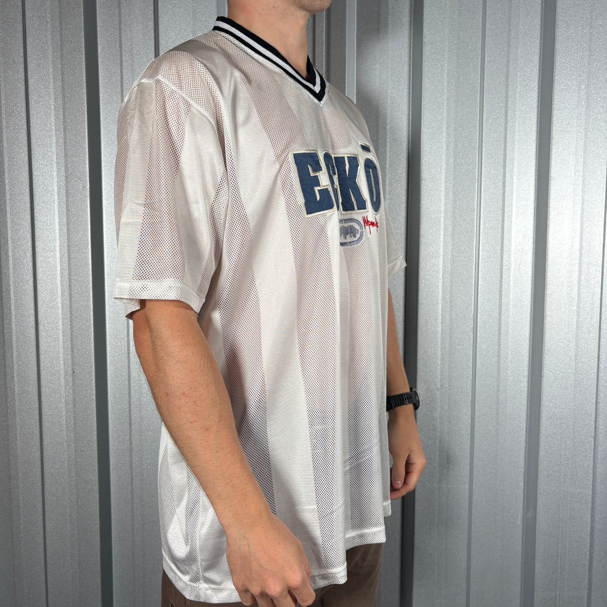 Ecko Unltd Mesh White Embroidered Hip Hop y2K Jersey T Shirt - L