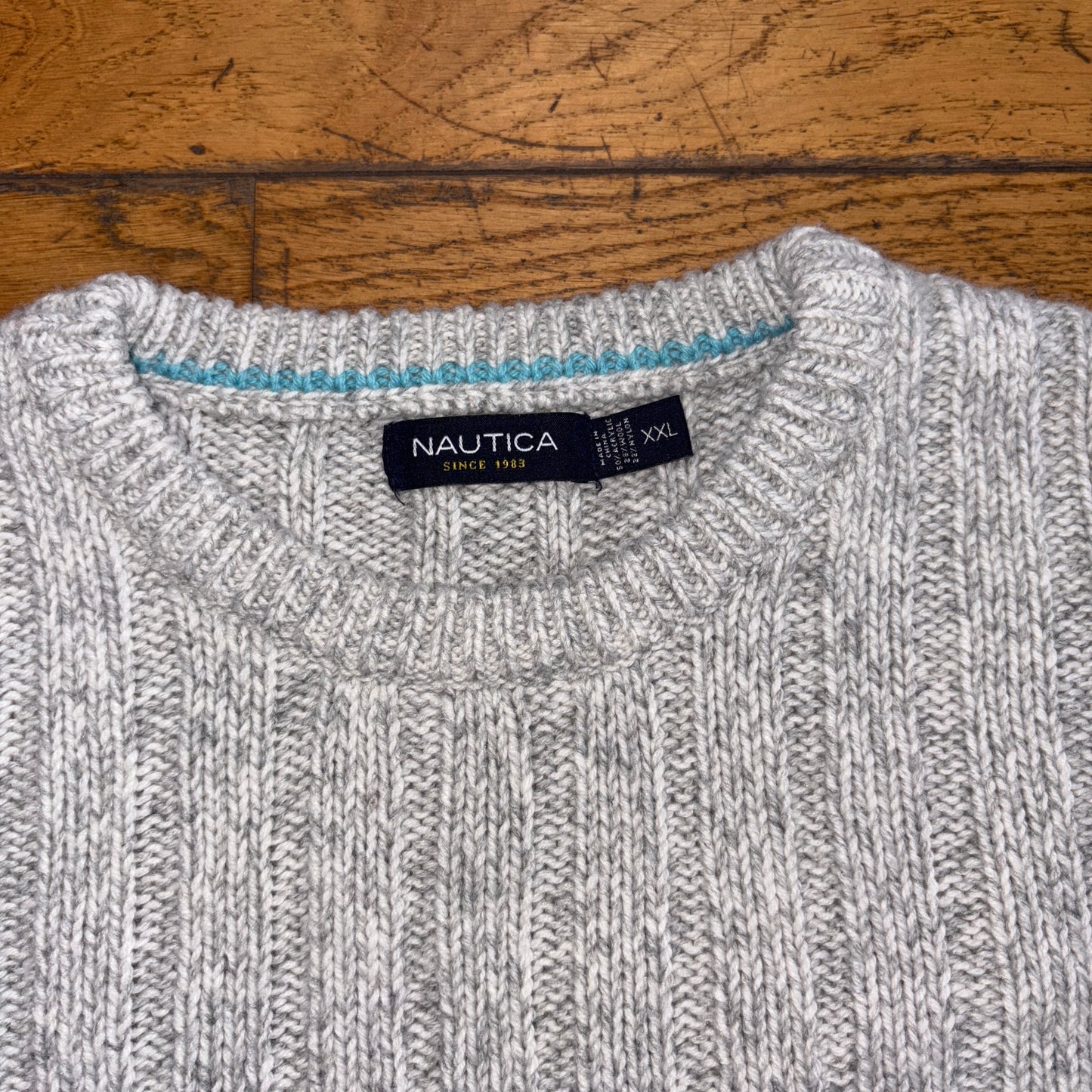 Vintage Nautica Grey Cable Embroidered Knit Jumper - 2XL