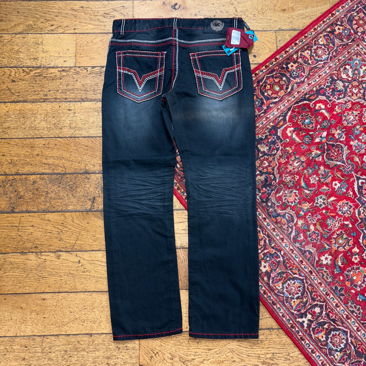 Vintage Navy Blue Grey Embroidered Y2K Hip Hop Straight Jeans - 36R