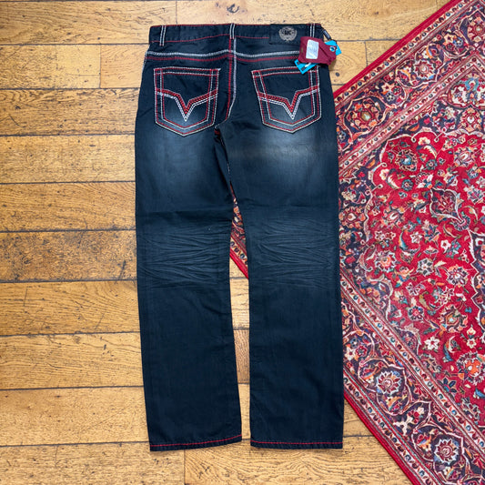 Vintage Navy Blue Grey Embroidered Y2K Hip Hop Straight Jeans - 36R