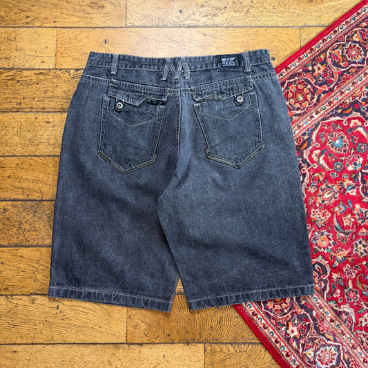 Vintage Embroidered Hip Hop Baggy Black Grey Shorts Jorts - 40