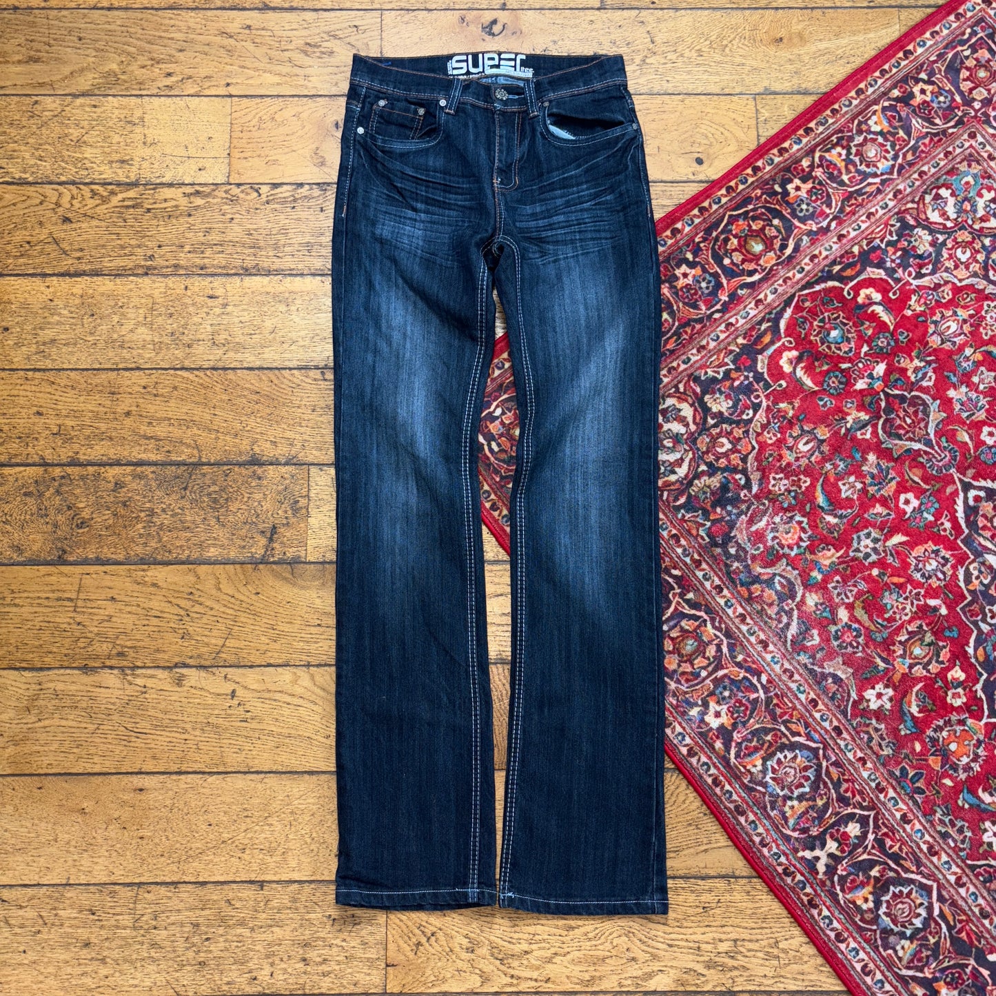 Vintage Navy Embroidered Y2K Hip Hop Straight Jeans - 28L