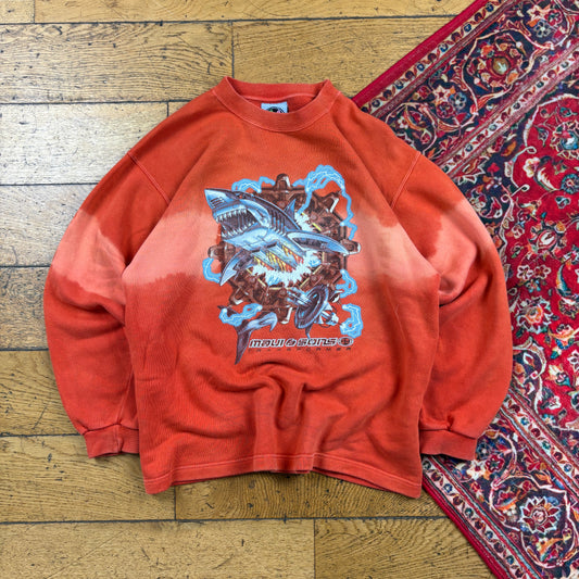 Vintage Maui and Sons Orange Surfwear Tie Dye Shark Sweatshirt - XS