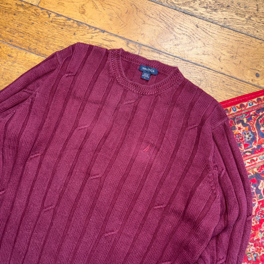 Vintage Nautica Burgundy Cable Embroidered Knit Jumper - XL