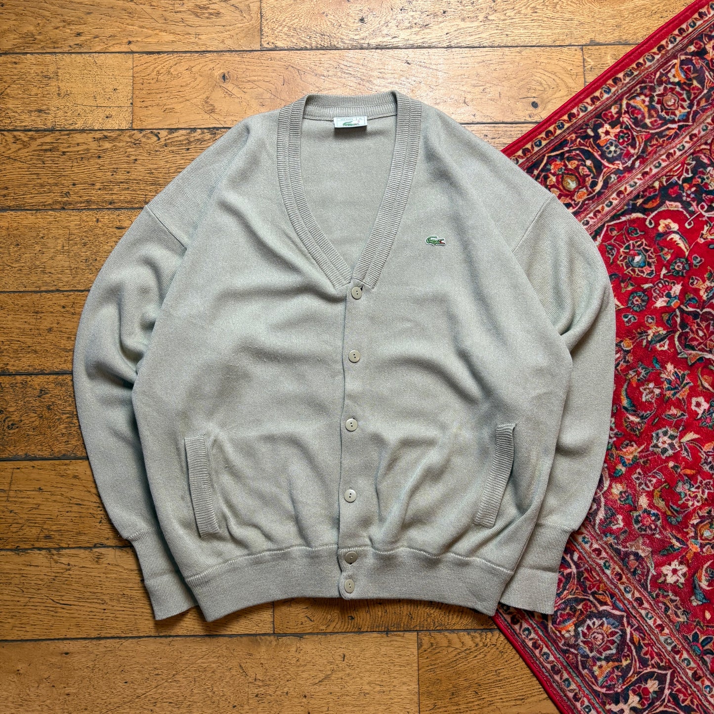 Vintage Lacoste Cream Grey Knit Cardigan Jumper - XL