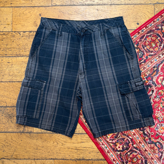 Vintage Wrangler Grey Blue Check Plaid Y2K Cargo Baggy Shorts Jorts - 32