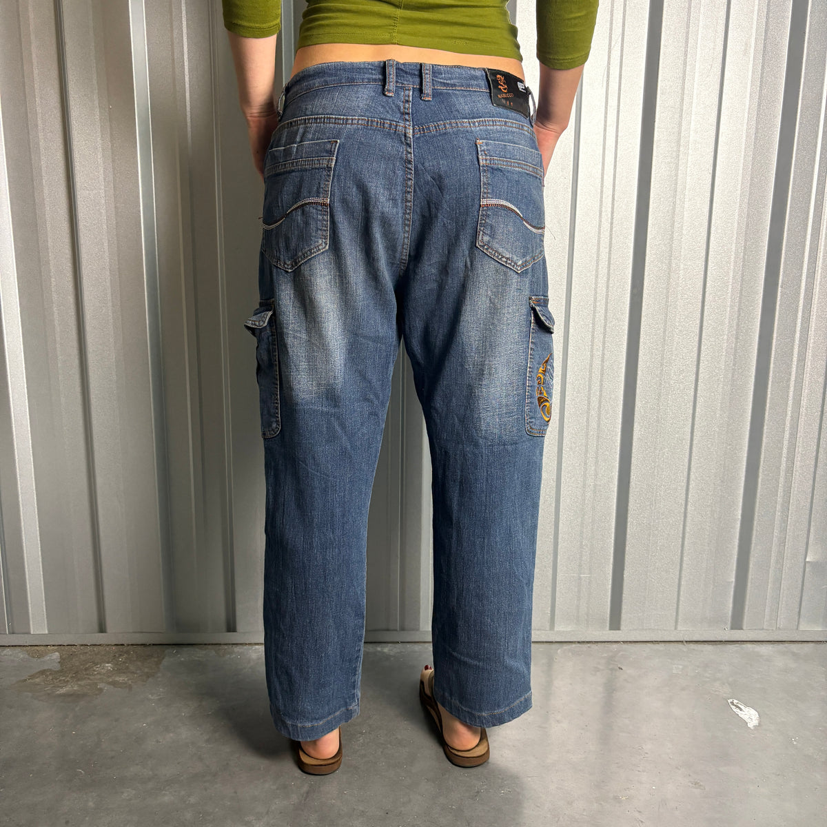 Embroidered Blue Cargo Japanese Denim Hip Hop Y2K Baggy Jeans - 34S