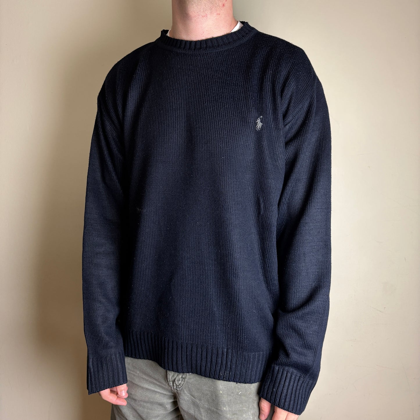 Vintage Ralph Lauren Navy Chunky Knit Crewneck Jumper - 2XL
