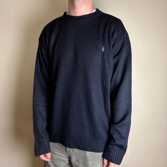 Vintage Ralph Lauren Navy Chunky Knit Crewneck Jumper - 2XL