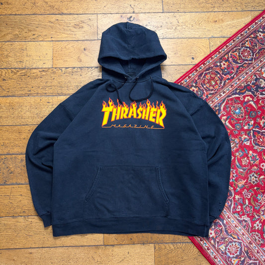 Vintage Thrasher Black Skate Flames Hoodie Sweatshirt - 2XL