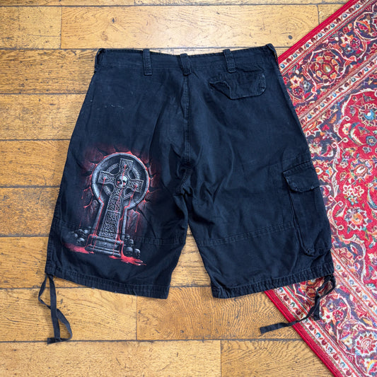 Vintage Black Grunge Punk Y2K Black Cargo Baggy Jeans Shorts Jorts - 36