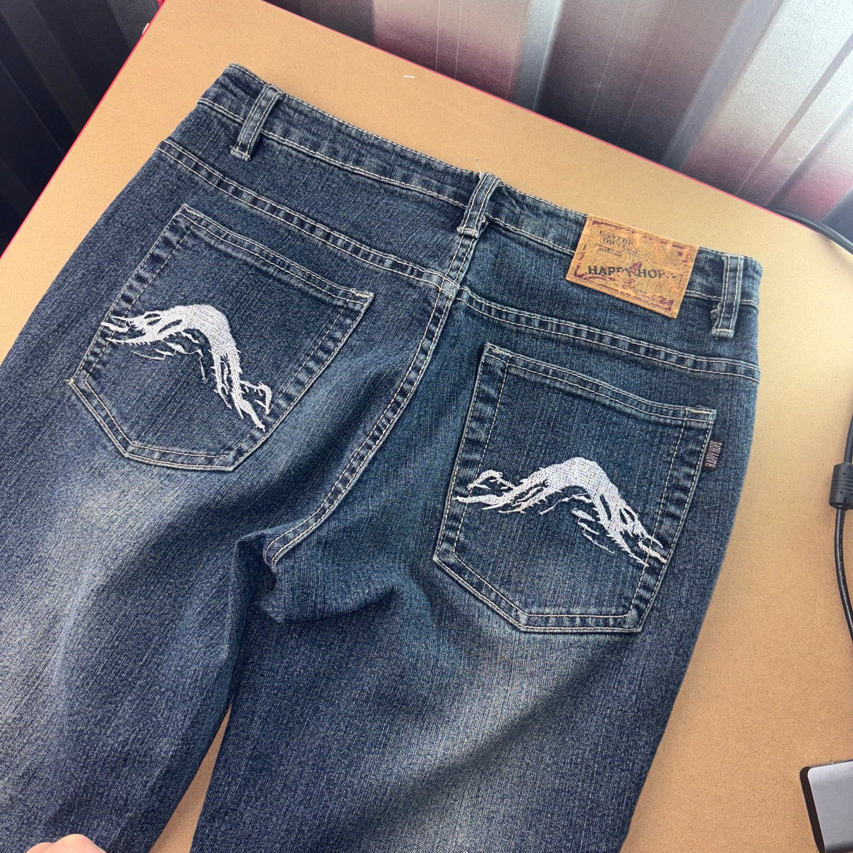 Embroidered Blue Japanese Denim Hip Hop Y2K Bootcut Womens Jeans - 30L