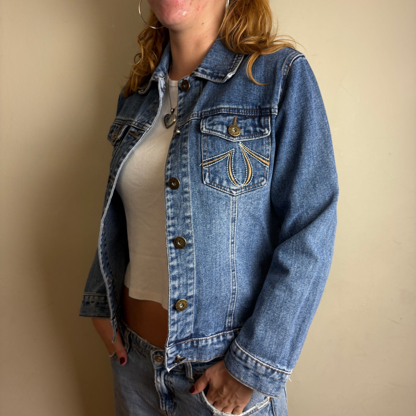 Vintage Blue Embroidered Womens Y2K Denim Jacket - L