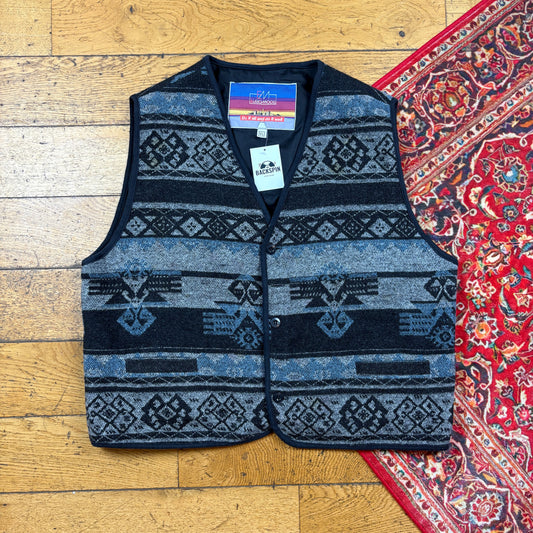 Vintage Knit Blue Patterned Waistcoat Vest Gilet - XL