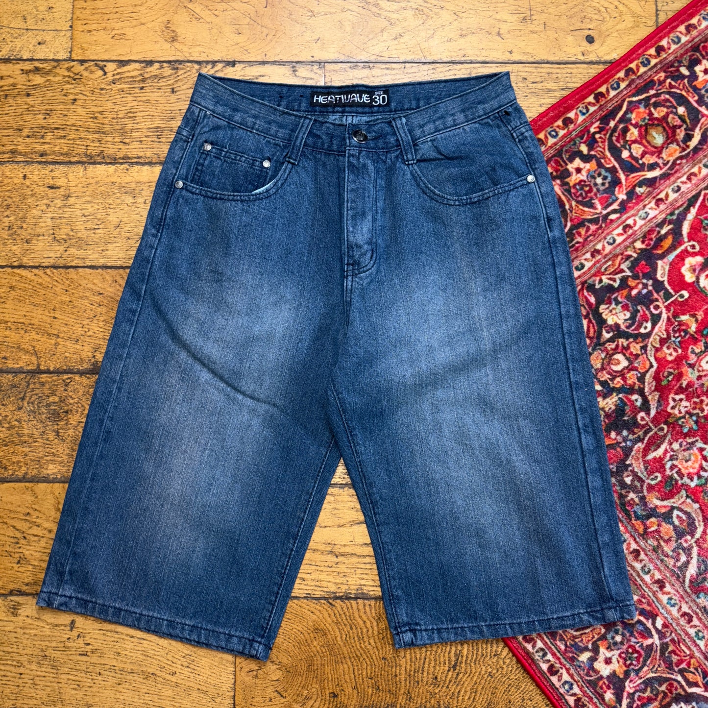 Vintage Heatwave Blue Embroidered Y2K Hip Hop Jeans Shorts Jorts - 30
