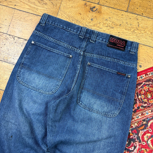 Vintage Blue Embroidered Y2K Hip Hop Baggy Jeans - 36