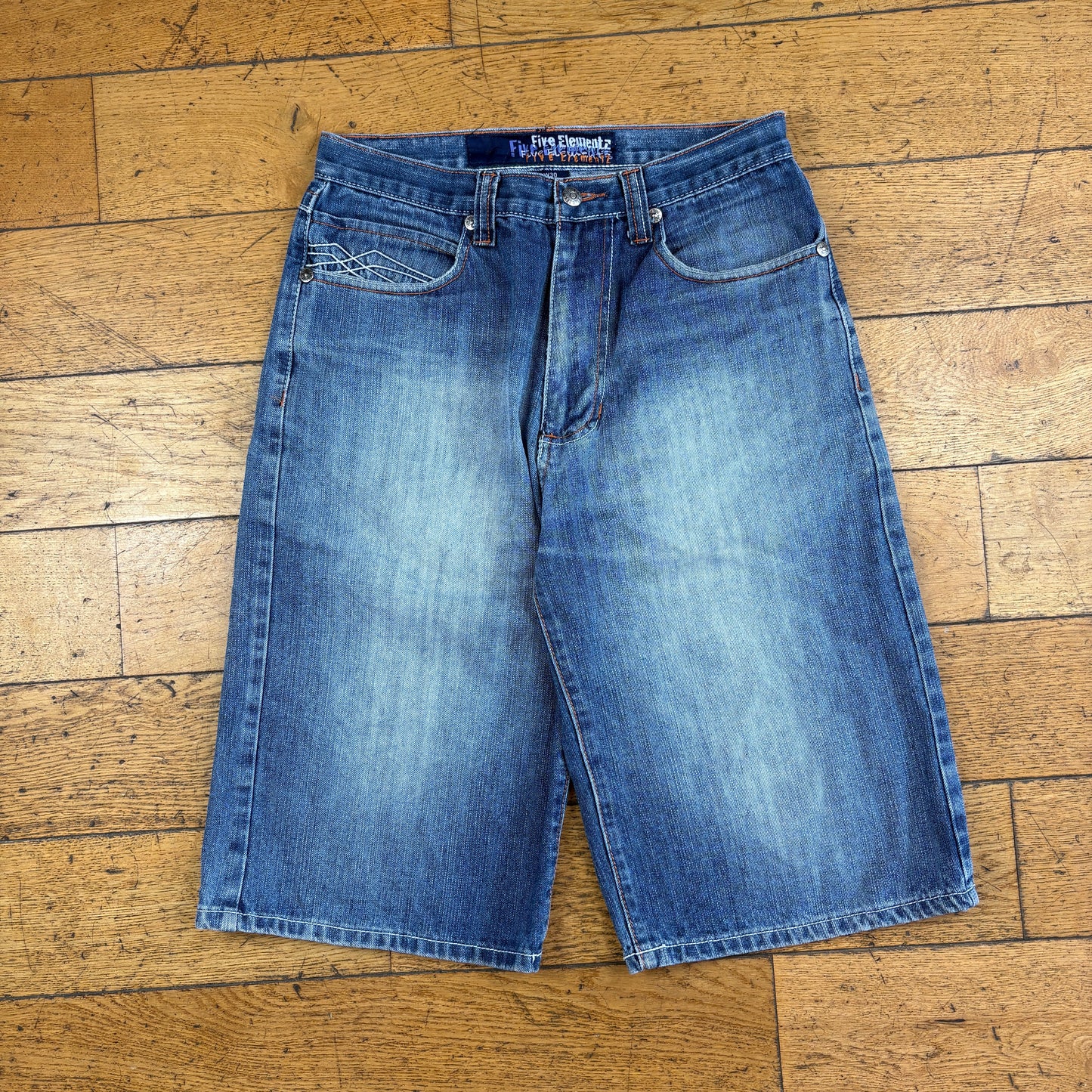 Vintage Five Elements Embroidered Blue Hip Hop Baggy Shorts Jorts - 30