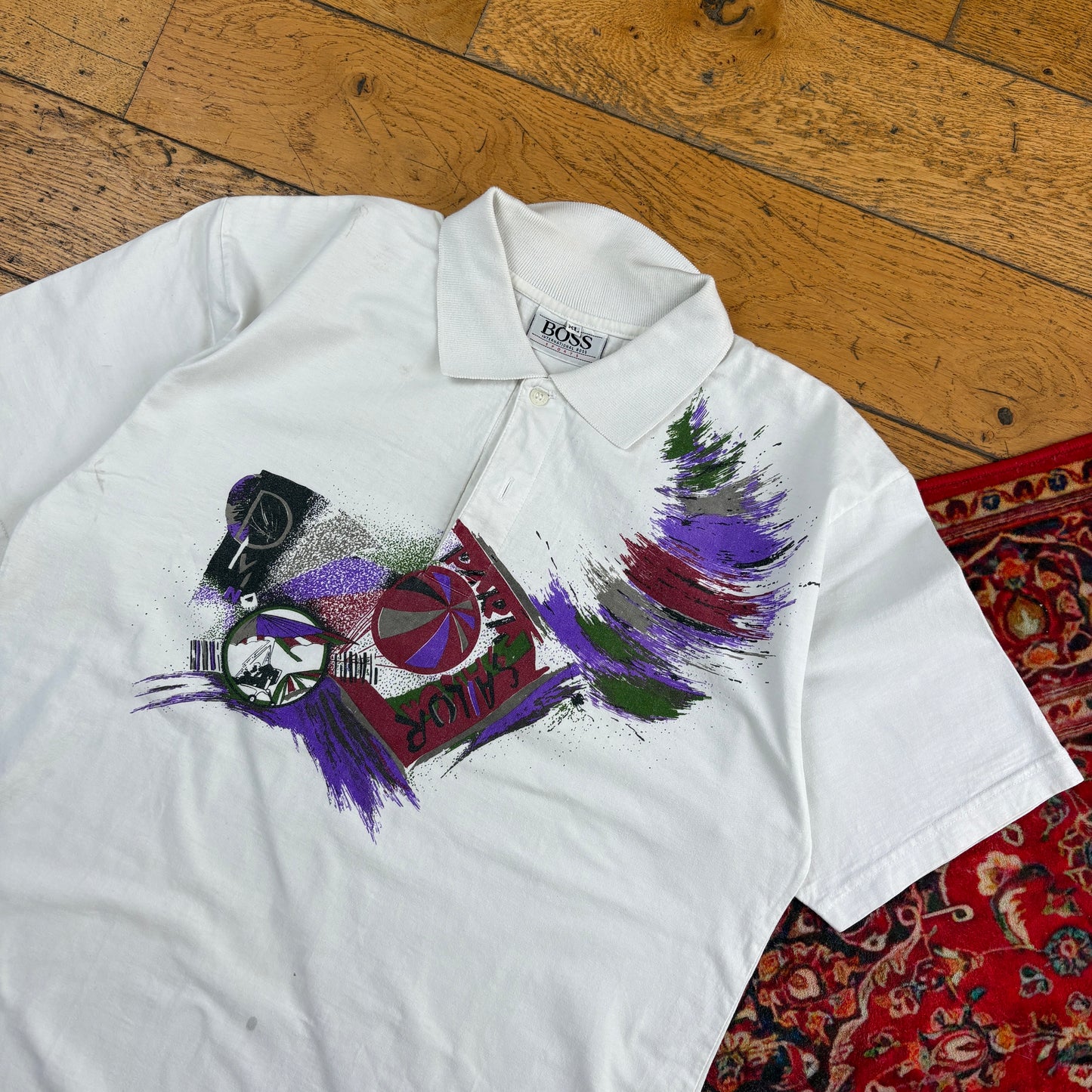 Vintage Hugo Boss Tennis White Pattern Polo Shirt - M