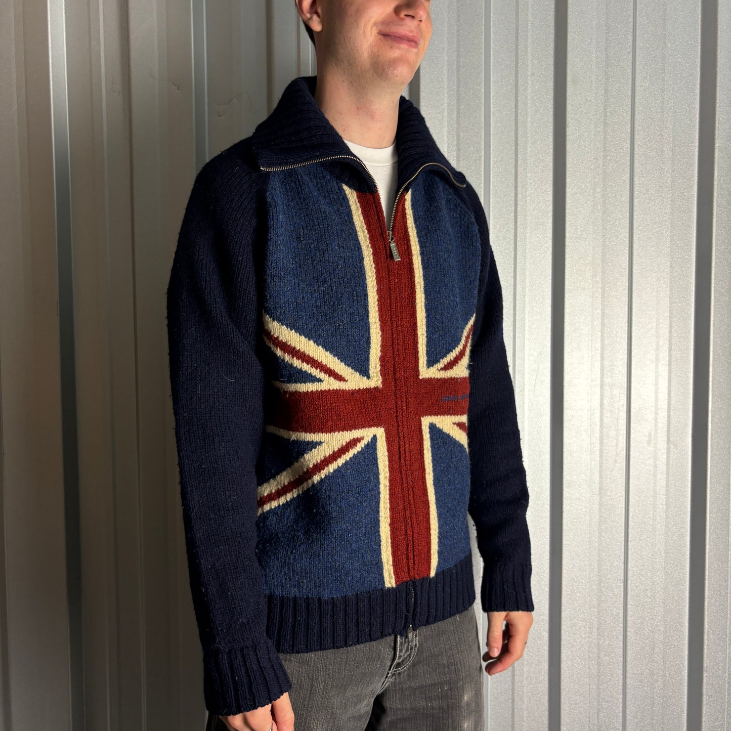 Vintage John Ashfield Union Jack Wool Navy 00s Y2K Zip Chunky Knit Jumper - L