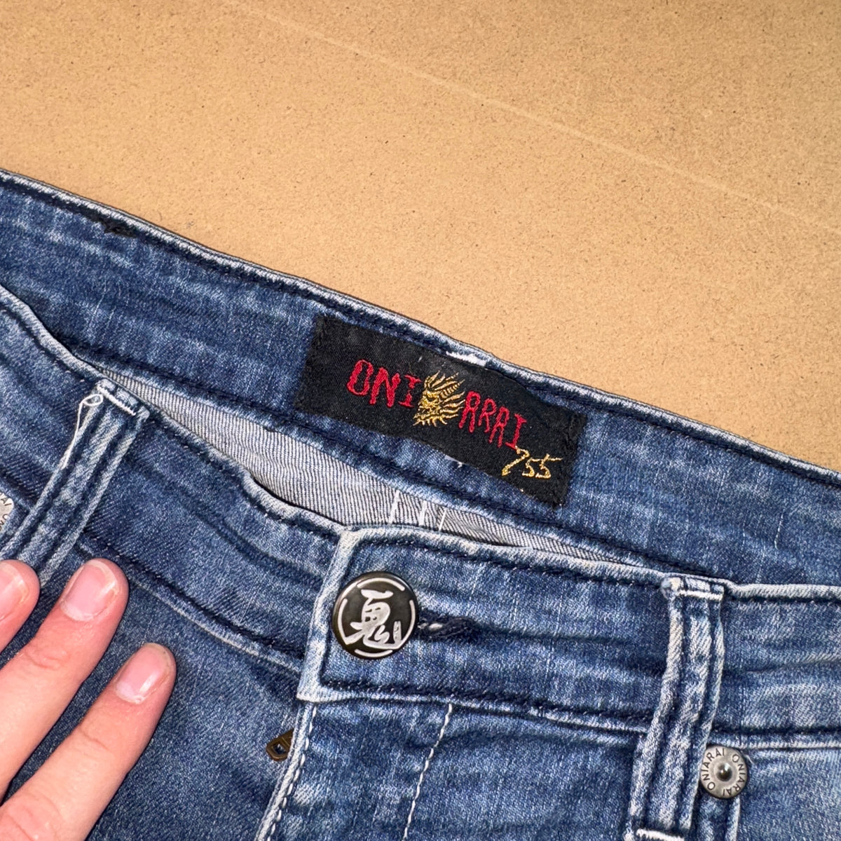 Embroidered Oniarai Blue Grunge Japanese Denim Hip Hop Y2K Baggy Jeans - 34S