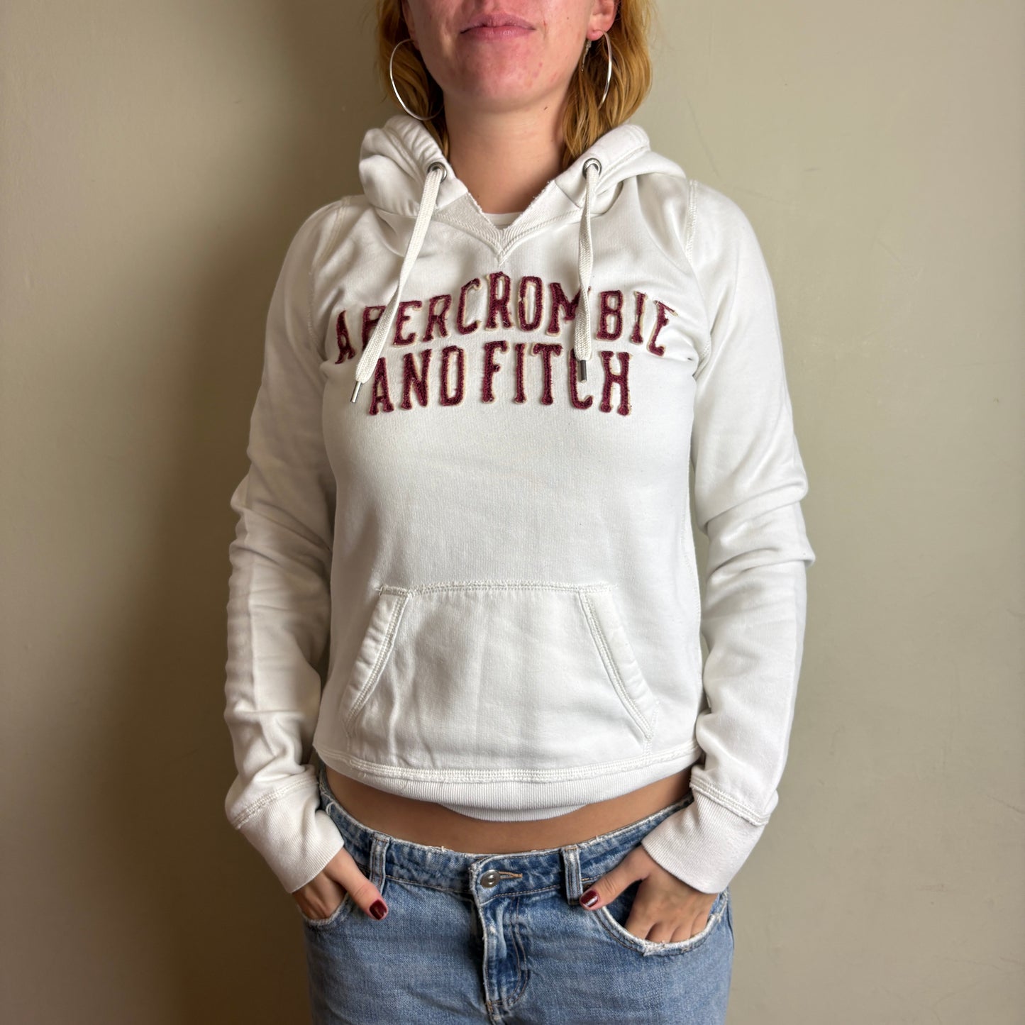 Vintage Abercrombie and Fitch Y2K White Embroidered Hoodie Sweatshirt - M