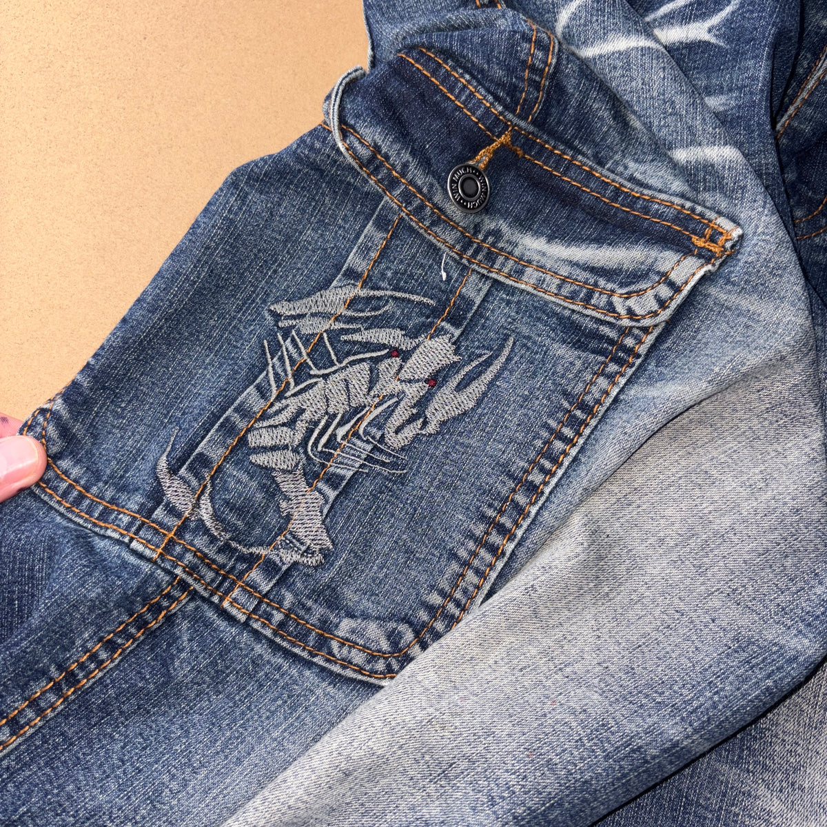 Embroidered Scorpion Blue Cargo Japanese Denim Hip Hop Y2K Baggy Jeans - 32S