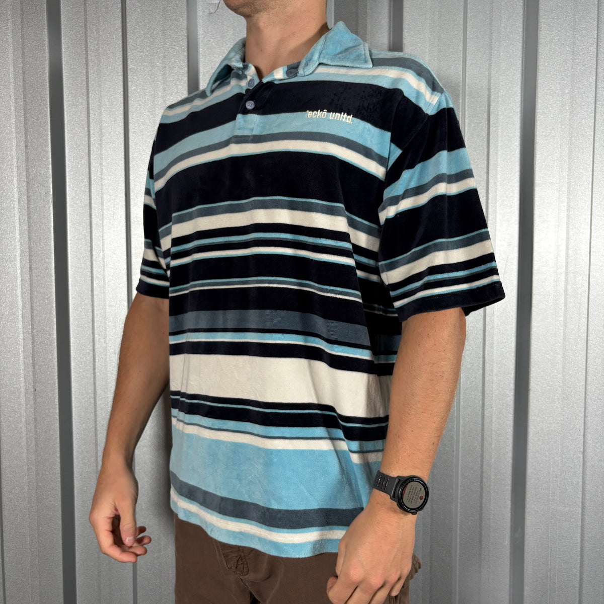 Ecko Unltd Blue Stripe Hip Hop y2K Polo T Shirt - L