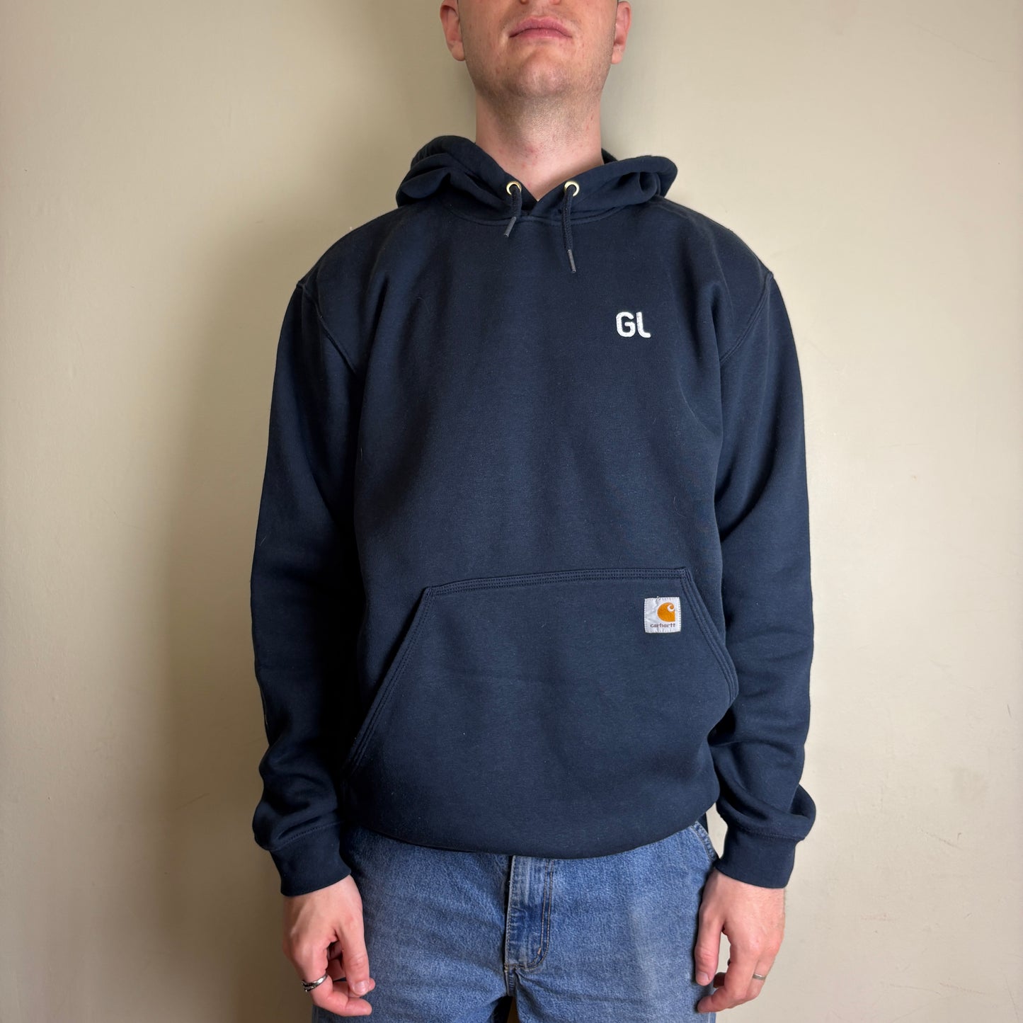 Vintage Carhartt Navy Hoodie Embroidered Sweatshirt - L
