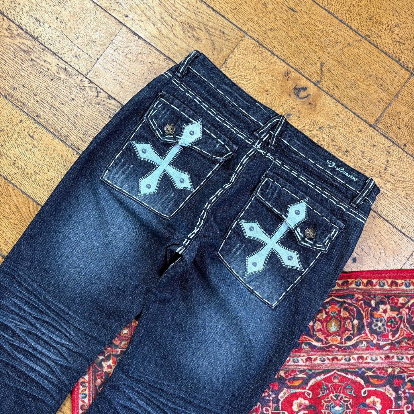 Vintage Blue Bootcut Embroidered Y2K Hip Hop Baggy Jeans - 36