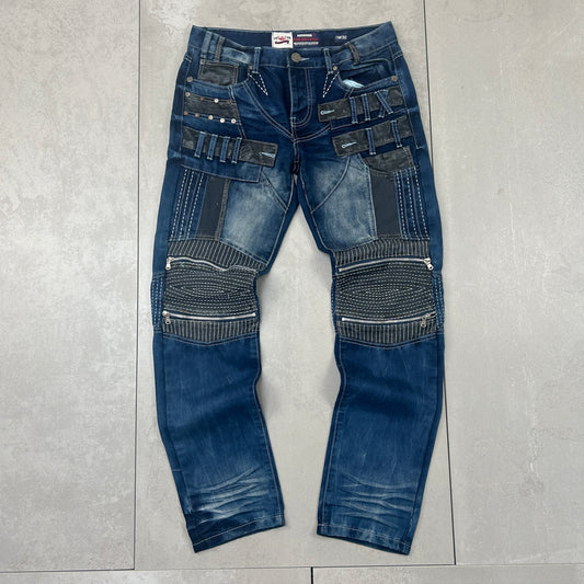 Vintage Hip Hop Straight Blue Black Biker Jeans - 32