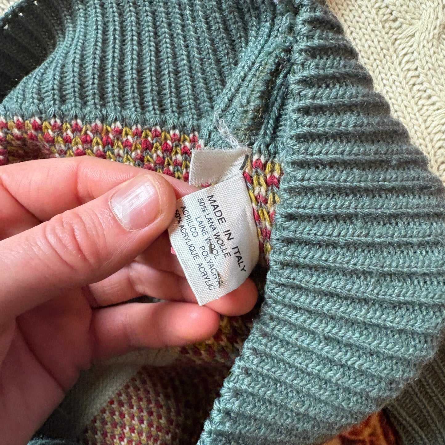Vintage Green Cream Pattern Wool Chunky Knit Jumper - XL