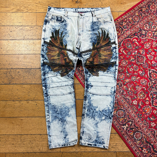 Vintage Blue Acid Bleach Wash Embroidered Y2K Hip Hop Skinny Jeans - 42