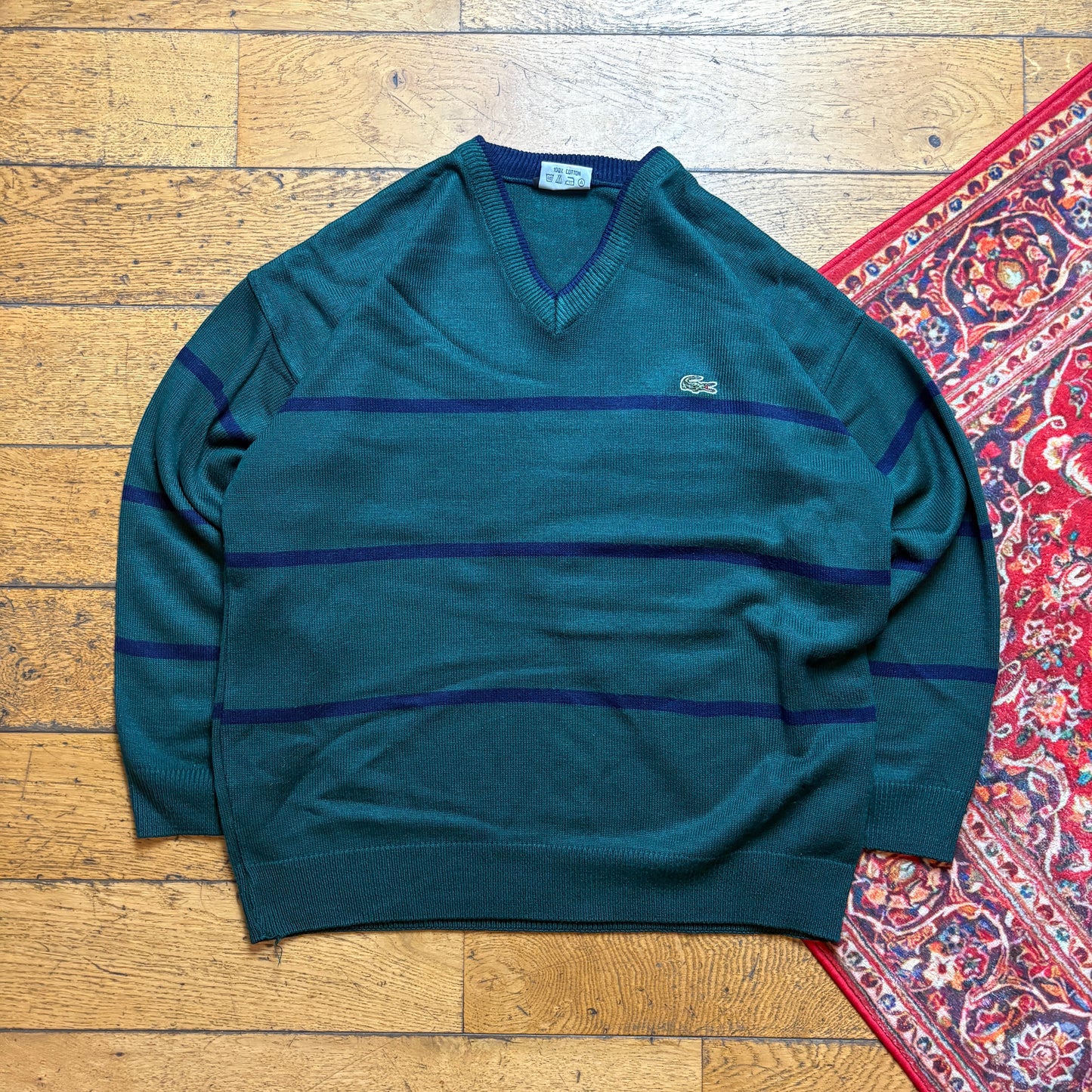 Vintage Green Chemise Lacoste Stripe Chunky Knit Jumper - L