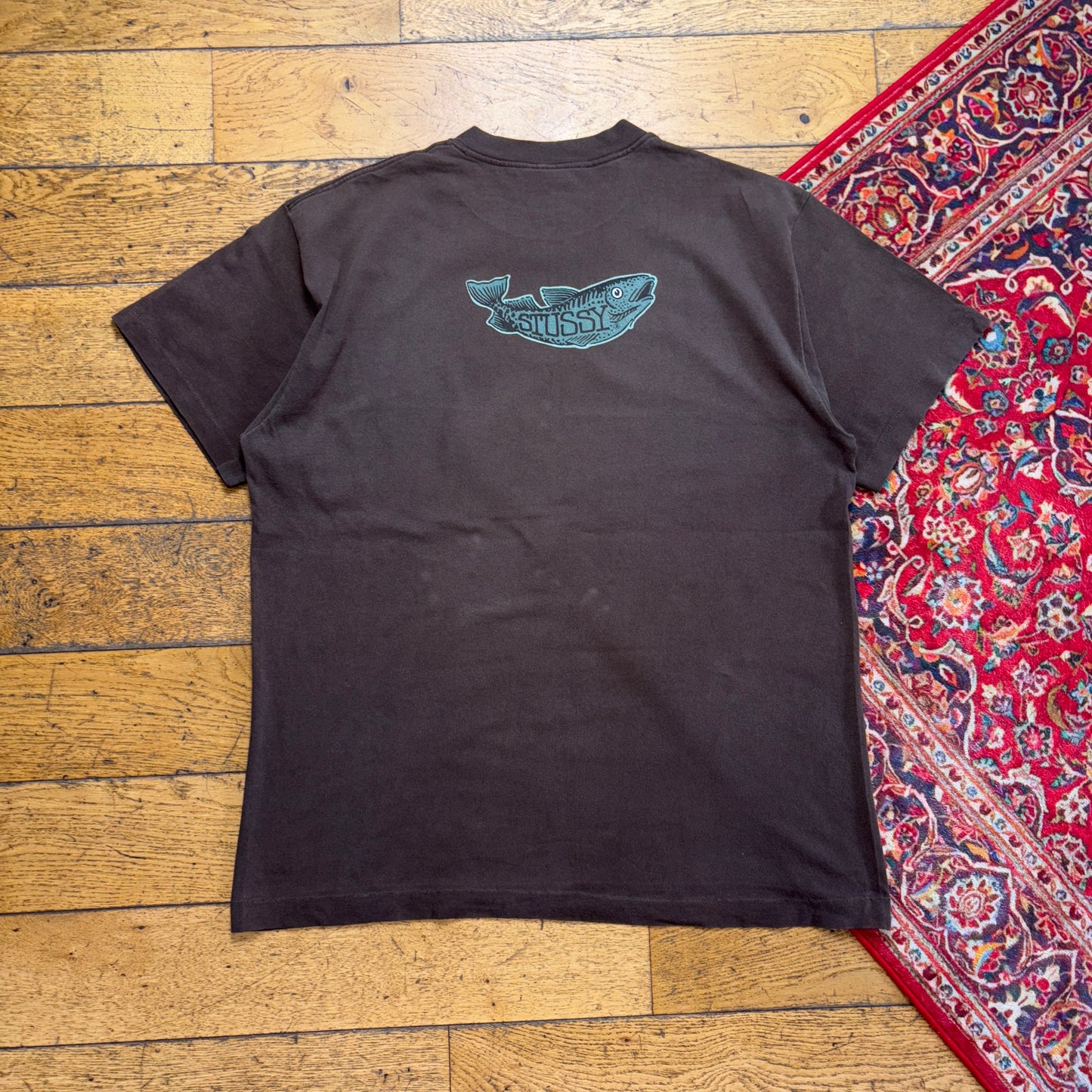 Vintage Stussy Brown Fish Dont Take The Bait Graphic T-Shirt - XL