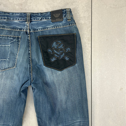 Vintage Embroidered Japanese Denim Skull Skater Blue Straight Jeans - 32