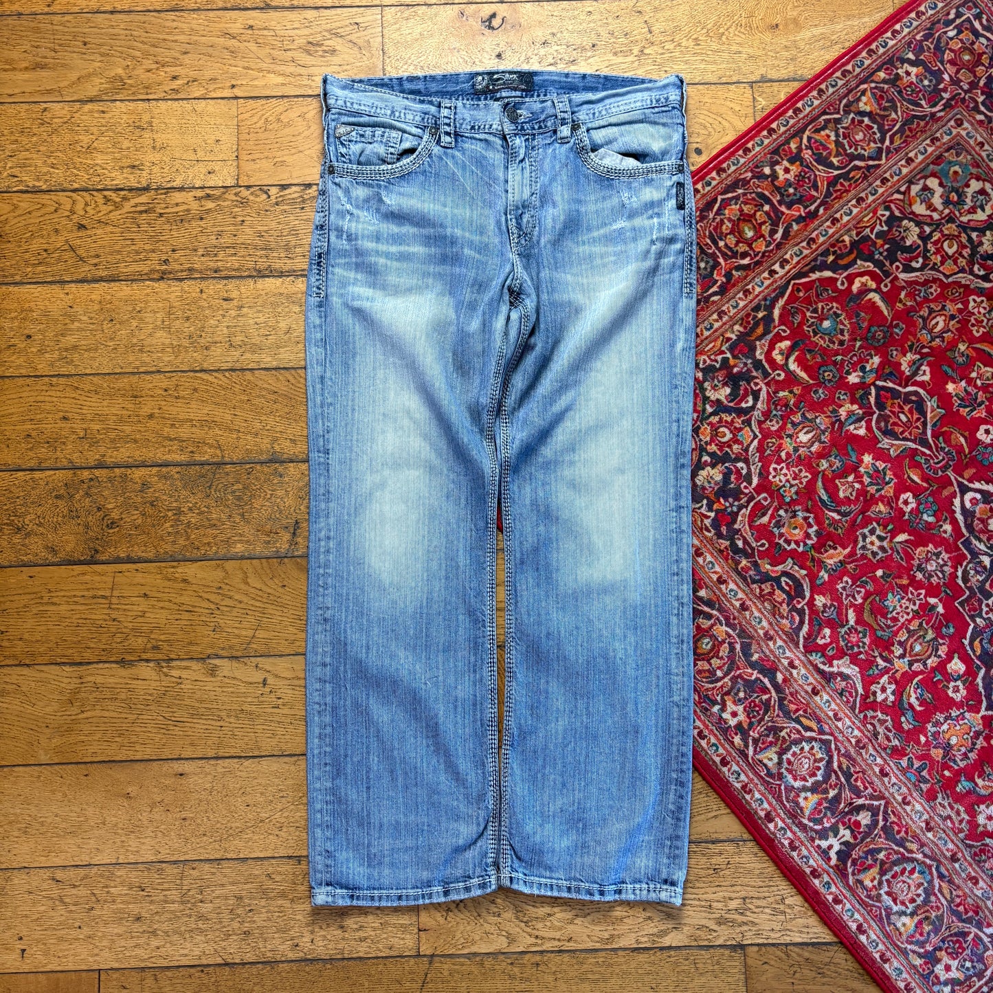 Vintage Blue Embroidered Y2K Hip Hop Baggy Jeans - 36R