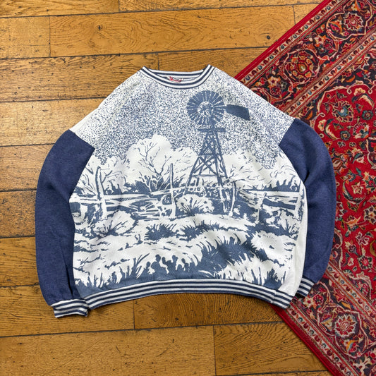 Vintage 90s Blue White Graphic Sweatshirt - XL