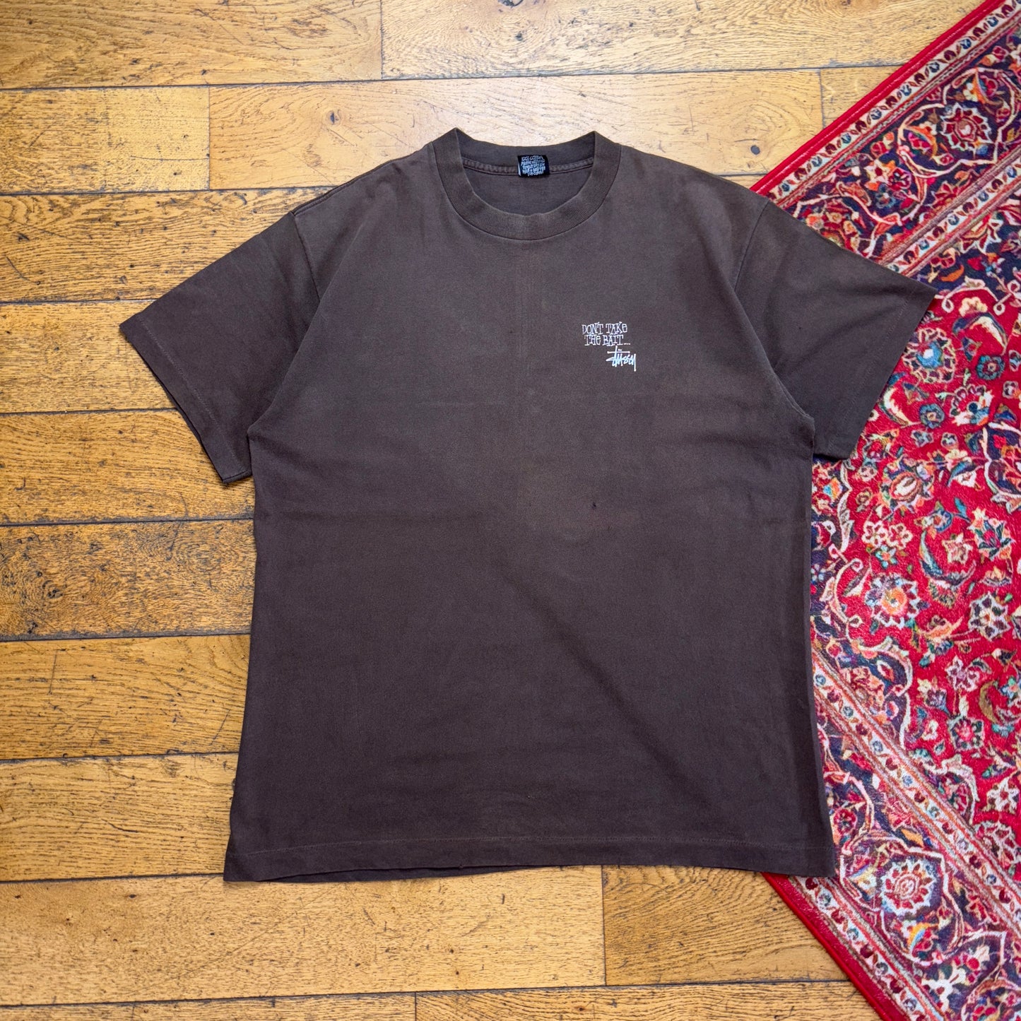 Vintage Stussy Brown Fish Dont Take The Bait Graphic T-Shirt - XL