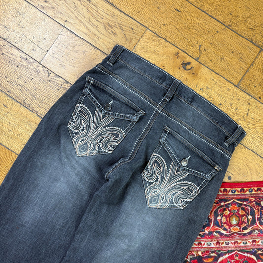 Vintage Avirex Black Embroidered Y2K Hip Hop Baggy Jeans - 32