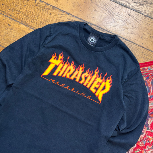 Vintage Thrasher Flames Black SKate Long Sleeve Graphic T-Shirt - XS